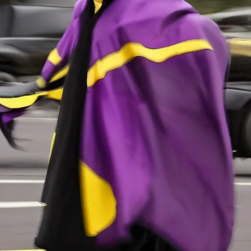 Image similar to a blur of purple, yellow, and black. figure in a cape, and cowl - flew in a split second under the rainy yet gloomy skies of gotham city