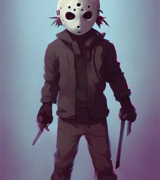 Image similar to beautiful little boy anime character inspired by jason voorhees, art by rossdraws, wlop, ilya kuvshinov, artgem lau, sakimichan and makoto shinkai, concept art, anatomically correct, extremely coherent, realistic, mask, smooth hd, 8 0 s haircut