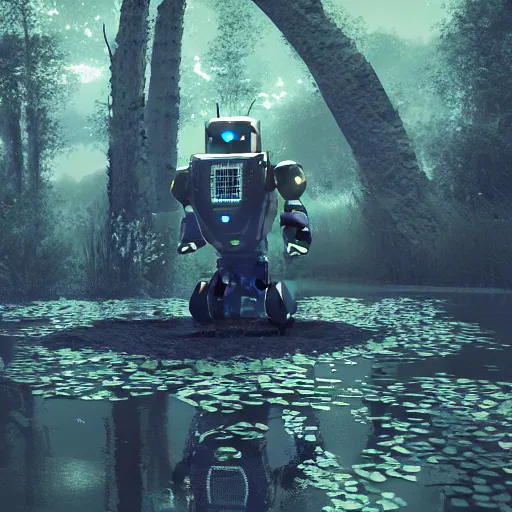 Prompt: ancient robot in a swamp, digital art, cinematic concept art, 3D render, unreal engine