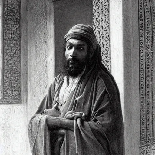 Image similar to a man with somali facial features, long curly hair, inside a masjid, by frederick arthur bridgman