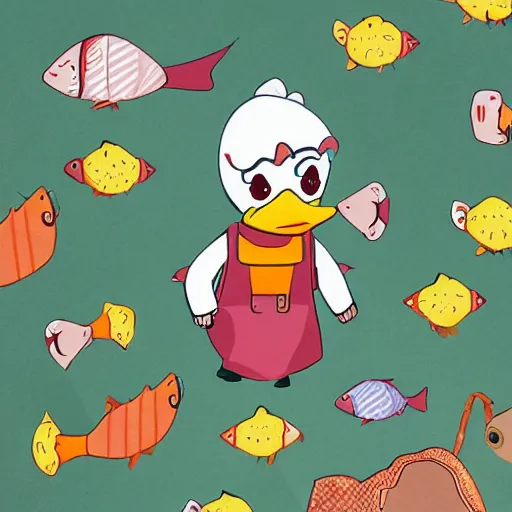 Prompt: duck with a fish custome anime trending illustration official art