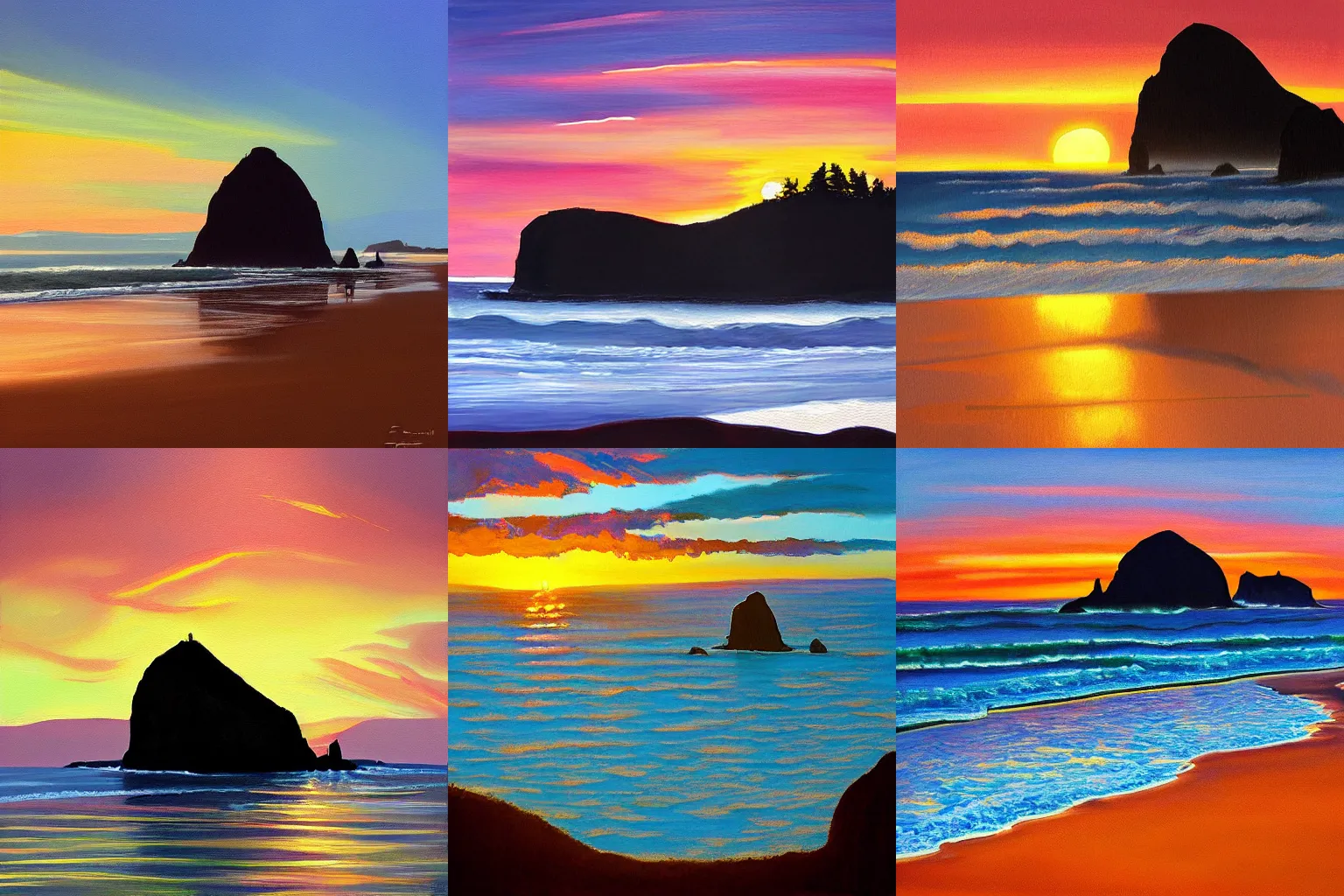 Prompt: painting of a sunset at haystack rock oregon, by olly moss