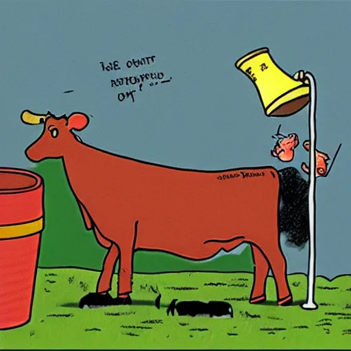 Image similar to a cow points at a bucket, illustrated by gary larson