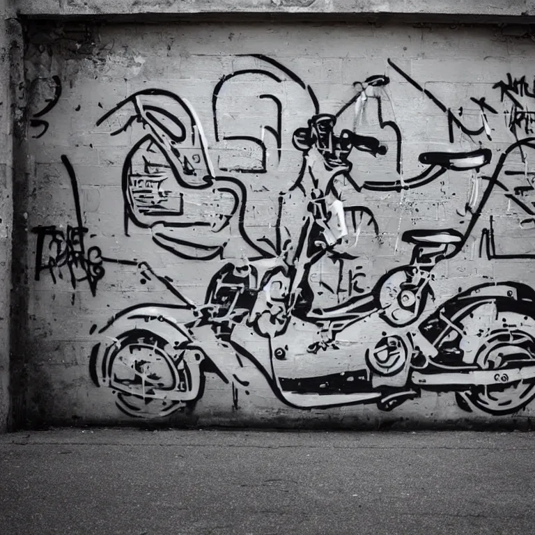 Prompt: a painting of a electro scooter in style of banksy, grayscale, high detailed, street-art, graffiti