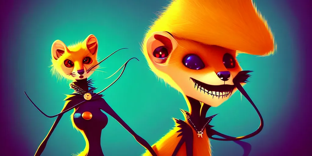 Image similar to curved perspective, extreme narrow, extreme fisheye, digital art of a female marten animal cartoon character wearing jewlery with blonde hairstyle by anton fadeev from nightmare before christmas