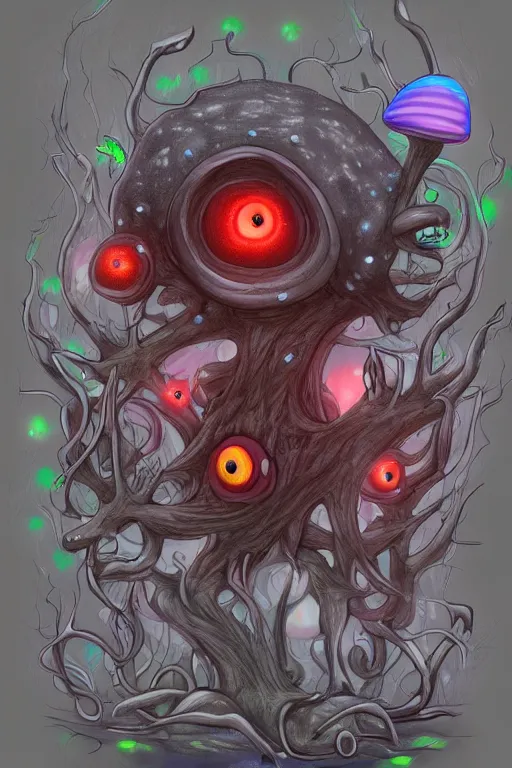 Image similar to a mushroom monster with large glowing eyes, highly detailed, digital art, sharp focus, trending on art station, fungus spores, anime art style