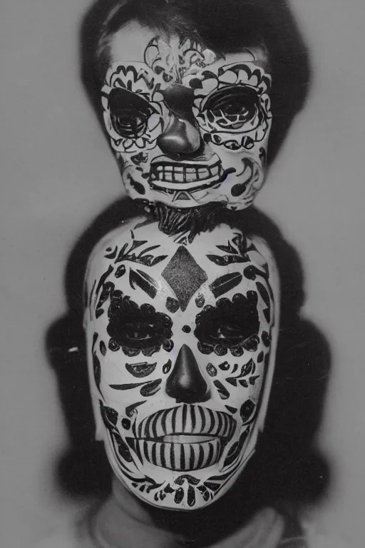 Prompt: vintage 35mm photo portrait of a man wearing a traditional day of the dead masks in the style of Jason Edmiston