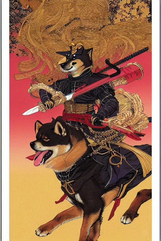 Image similar to poster of a shiba inu as a samurai, by yoichi hatakenaka, masamune shirow, josan gonzales and dan mumford, ayami kojima, takato yamamoto, barclay shaw, karol bak, yukito kishiro