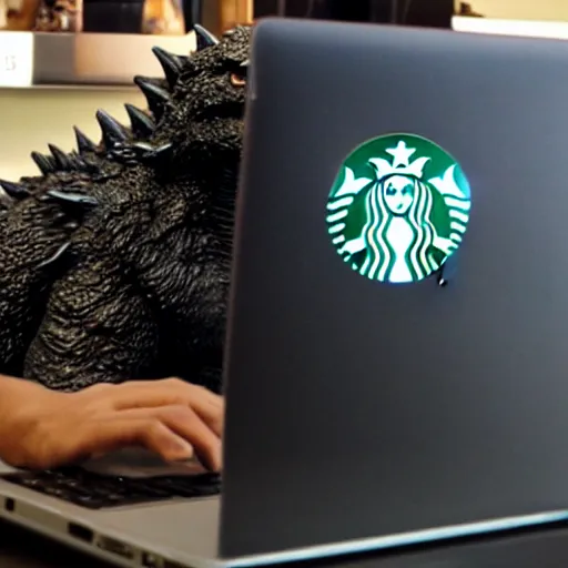 Prompt: godzilla sitting at a starbucks, using glasses and a laptop