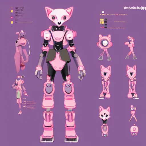 Prompt: digital art trending on artstation, pixiv, of a pink robotic fox, character fursona furry fandom anthropomorphic reference sheet