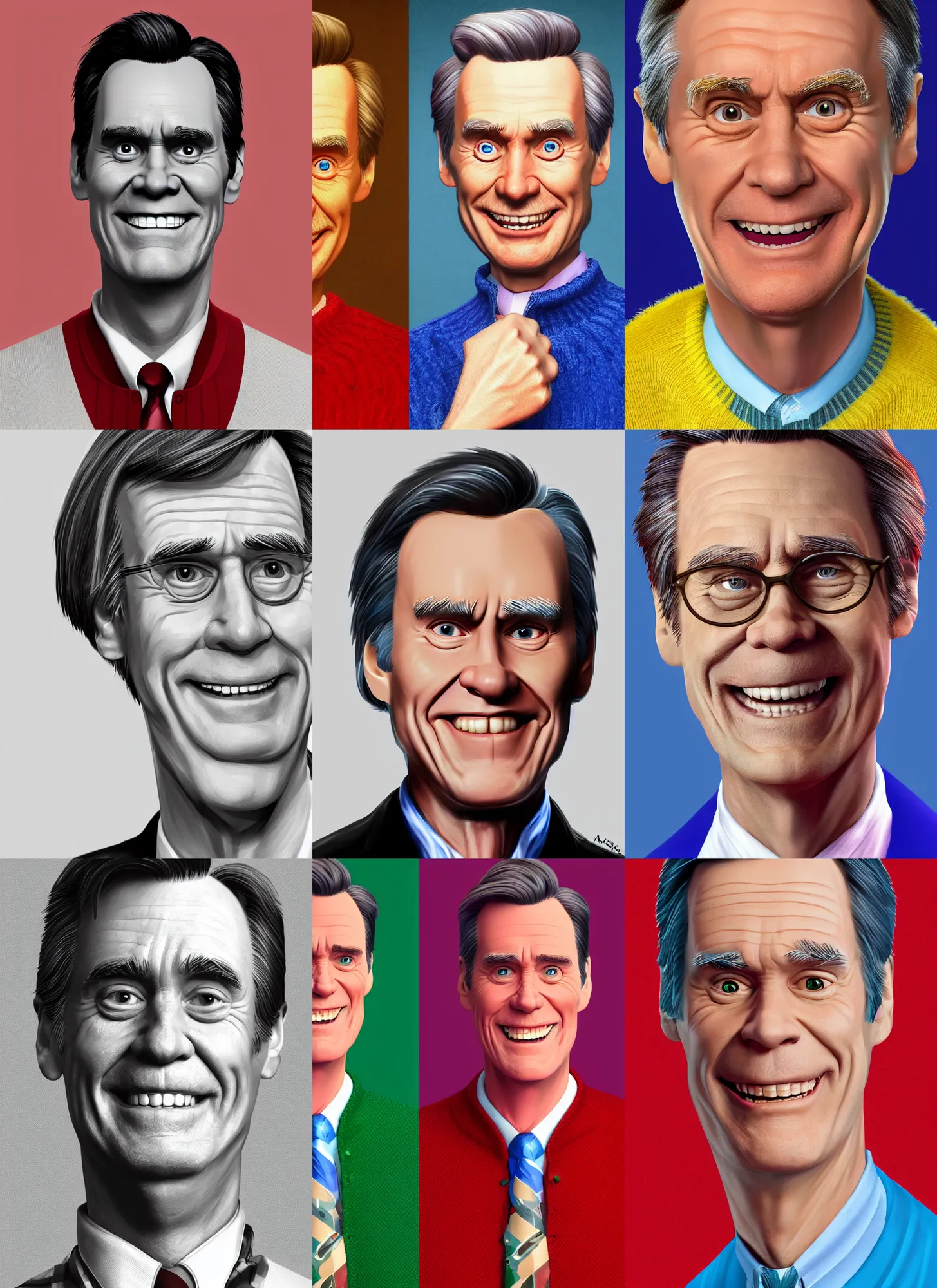 Prompt: character portrait of Jim Carrey playing Mr Rogers, digital art, trending on artstation, 4k