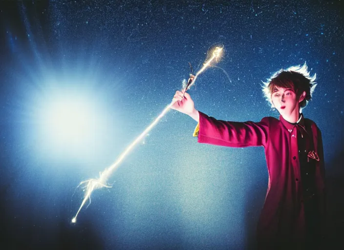 Image similar to a young adult wizard with very detailed face, hair clothes and shoes points their wand fiercely from which a blast of bright magic flies from the end of the wand, on an empty moonlit hill, dramatic lighting, lens flare, 3 5 mm full frame professional photography, kodachrome