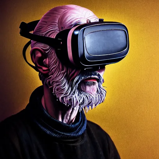 Prompt: Colour Caravaggio style Photography of 1000 years old man with highly detailed 1000 years old face wearing higly detailed cyberpunk VR Headset designed by Josan Gonzalez Many details. . In style of Josan Gonzalez and Mike Winkelmann andgreg rutkowski and alphonse muchaand Caspar David Friedrich and Stephen Hickman and James Gurney and Hiromasa Ogura. Rendered in Blender