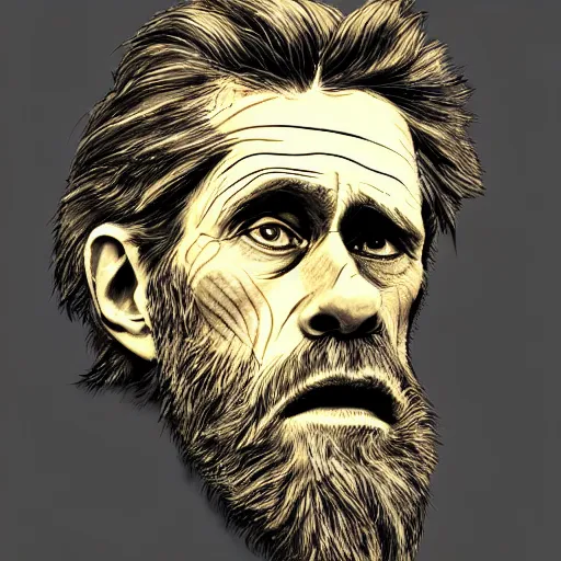 Prompt: a realistic yet scraggly portrait sketch of the side profile of a stern and sophisticated willem dafoe with a beard, trending on artstation, intricate details, in the style of frank auerbach, in the style of sergio aragones, in the style of martin ansin, in the style of david aja, in the style of mattias adolfsson