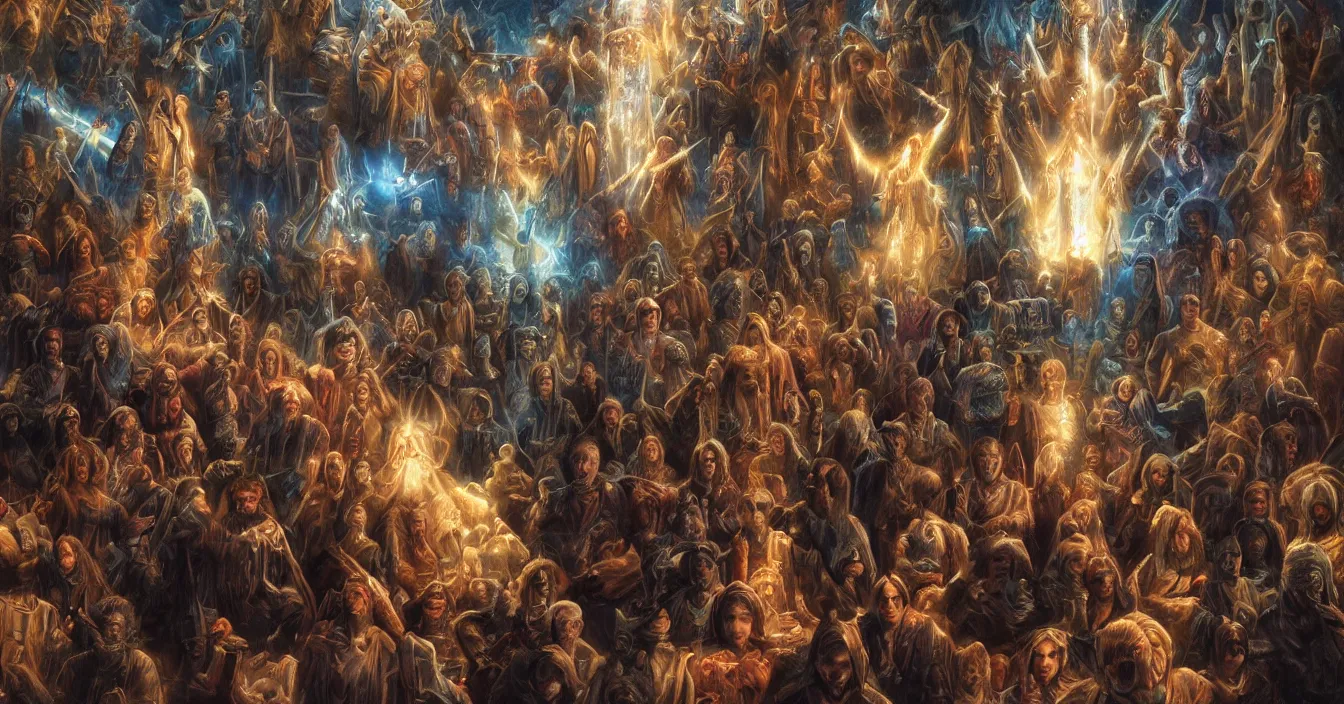 Prompt: souls sit in the cinema and watch volumetric light of consciousness projecting their lives inf front of them on the big screen, realistic, deep sense of spirituality, visual plasticity, unreal engine quality, raytracing, vray shading, style of donato giancola