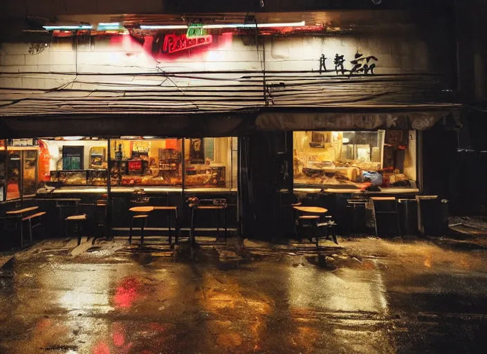 Prompt: exterior of an open cyberpunk ramen place during a rainy night in the style of salvadore dali