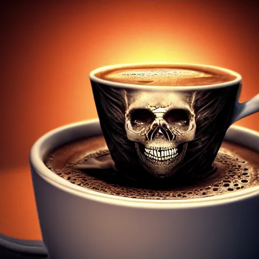 Prompt: a beautiful detailed 3 d matte whirlpool in a cup of coffee on a desk, ominous, magical realism, texture, intricate, skull, skeleton, whirling smoke radiant colors, fantasy, volumetric lighting, high details