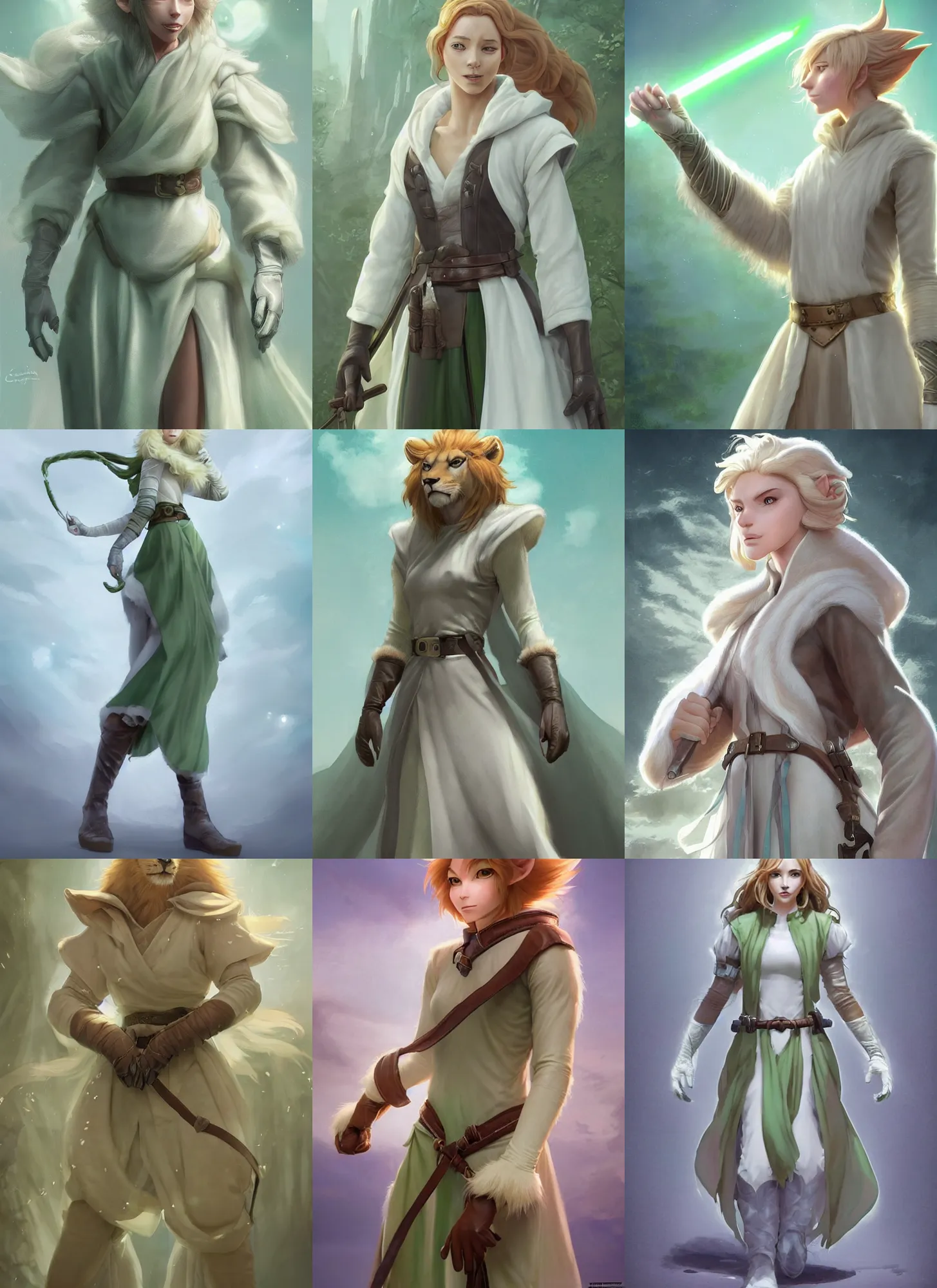 Prompt: beautiful portrait of a female anthropomorphic lioness fursona princess wearing pale - white and pale - green jedi robes. leather gloves. leather boots. leather belt. character design by charlie bowater, ross tran, artgerm, and makoto shinkai, detailed, soft lighting, rendered in octane