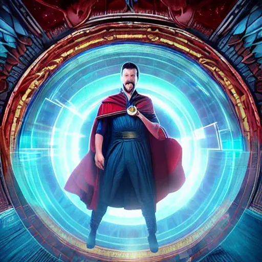 Image similar to dr strange summoning himself into a portal inside of a sandwich high atop a space mountain resort, highly detailed, photorealistic, artstation