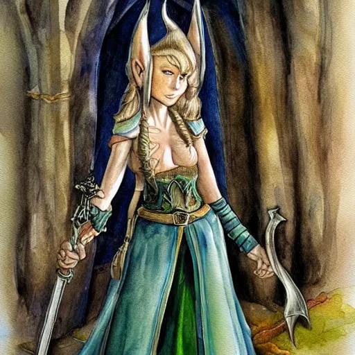 Prompt: a female elf holding a sword, a watercolor painting by tony diterlizzi, fantasy art, concept art