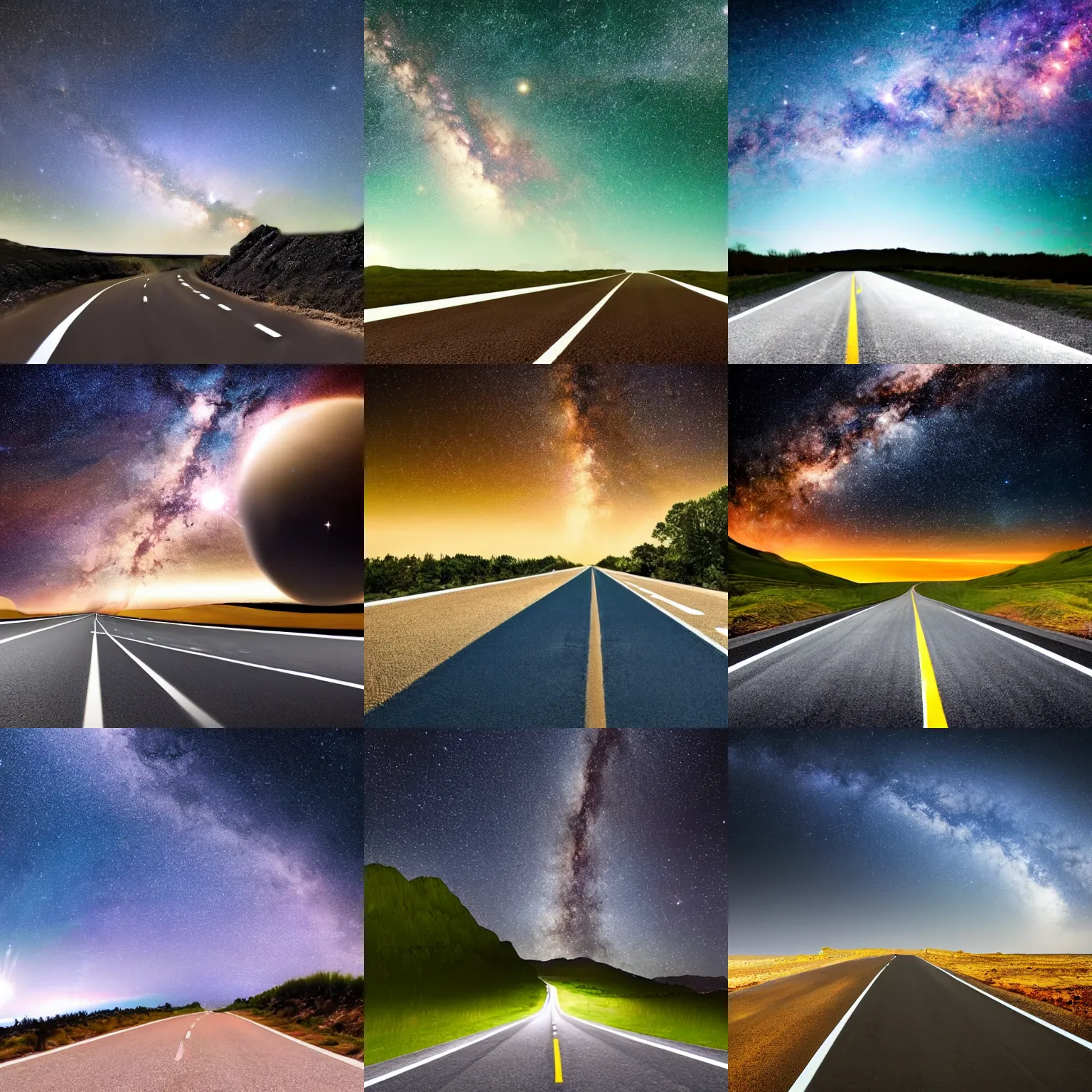 Prompt: a road in space with sport car, space and Milky Way at background,