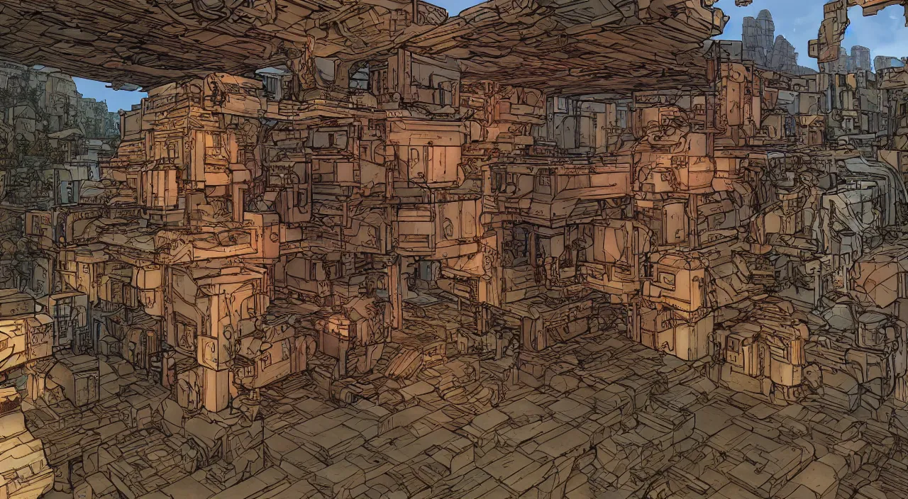 Image similar to wood wall fortress greeble block amazon jungle global illumination ray tracing that looks like it is from borderlands and by feng zhu and loish and laurie greasley, victo ngai, andreas rocha, john harris