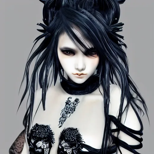 Image similar to japanese gothic model with maximalist hair style and kanji tattoos, dark colors, fashion model, portrait shot, depth of field, 8 k, hyper detailed, intricate, trending on artstation