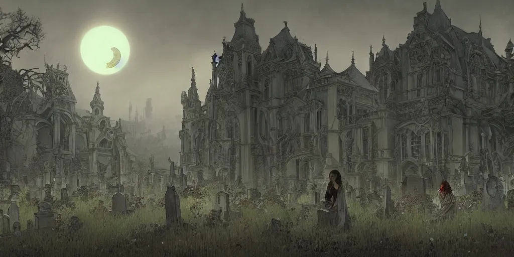 Prompt: an ultra detailed animation of a graveyard at midnight, digital art, dark fantasy, concept art, soulslike, by alphonse mucha, blood moon eclipse, ruined building in the background, artstation, 8 k, unreal engine render