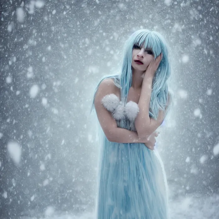 Prompt: full body portrait of a stunningly beautiful woman with pale blue hair wearing a long white dress made out of snowflake in the middle of a heavy snowstorm. she looks almost dead because of how pale she is. by maromi sagi