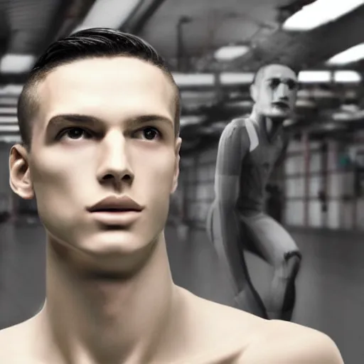 Image similar to a realistic detailed photo of a guy who is an attractive humanoid who is half robot and half humanoid, who is a male android, attractive and handsome soccer players, shiny skin, posing like a statue, blank stare, in a factory, on display, showing off his muscles, wearing soccer shorts, side view, looking at each other mindlessly