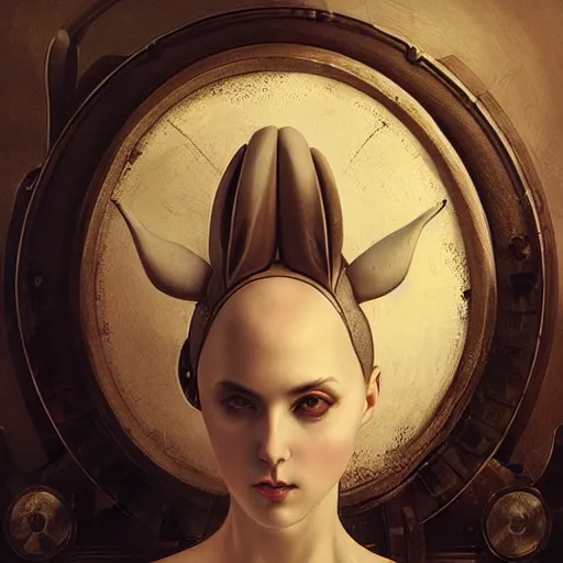 Prompt: ilya kuvshinov tom bagshaw, curiosities carnival, soft paint of a single bald beautiful female in a full steampunk armor, rabbit - ear helm, symmetry accurate features, focus, very intricate ultrafine details, award winning masterpiece