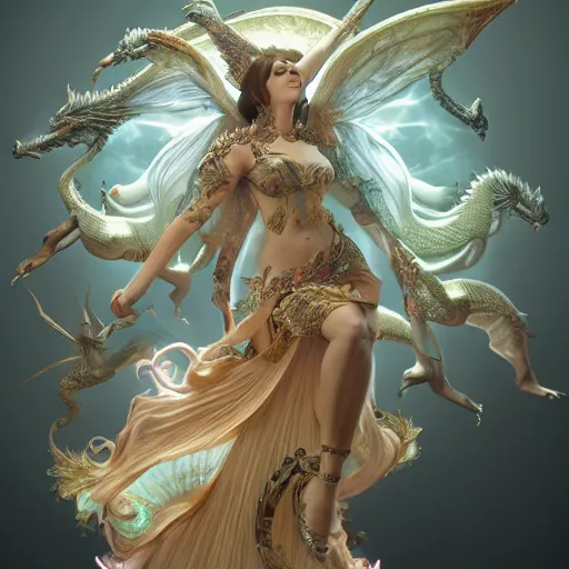 Prompt: stunning dynamic pose full body celestial goddess of dragons, intricate, 8k highly professionally detailed, hdr, CGSociety, dark fantasy, high fantasy, dynamic lighting, cinematic composition, glow, pristine, smooth, cosplay, elegant, sharp focus, DAZ, octane render, art by alphonse mucha and edgar maxence,