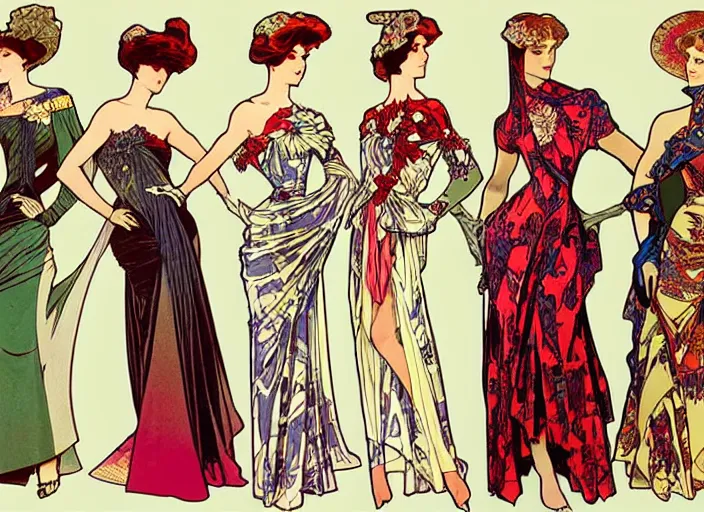 Prompt: 4 elegant full length daredevil comic dress designs with natural history prints designed by alphonso mucha