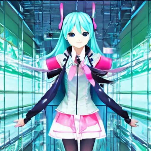 Image similar to hatsune miku in the liminal space, backrooms, source, liminal spaces, high quality photo