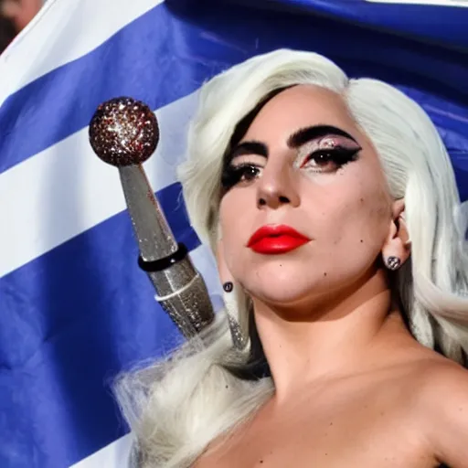 Prompt: lady Gaga, detailed face, waving a flag of Argentina, crowd behind, flags of Argentina behind, detailed, bokeh