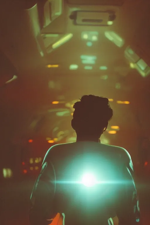 Image similar to agfa vista 4 0 0 photograph of a skinny guy on a spaceship, futuristic, synth vibe, vaporwave colors, lens flare, flower crown, back view, moody lighting, moody vibe, telephoto, 9 0 s vibe, blurry background, grain, vintage, tranquil, calm, faded!,