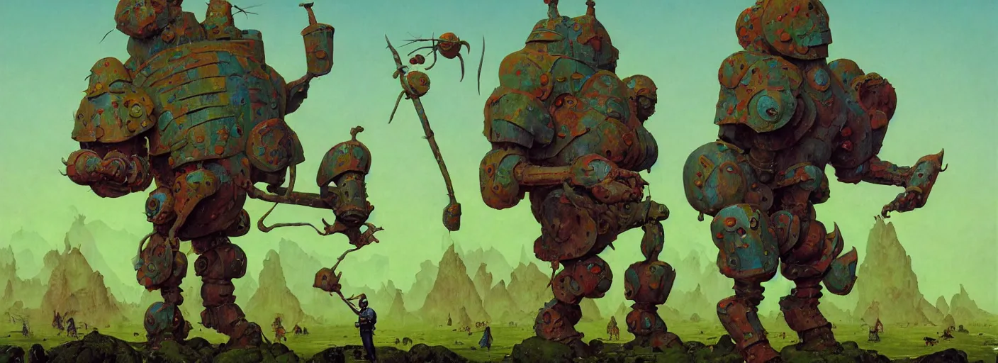 Prompt: full - body surreal colorful armored golem rpg character concept art anatomy, action pose, very coherent and colorful high contrast masterpiece by norman rockwell franz sedlacek hieronymus bosch dean ellis simon stalenhag rene magritte gediminas pranckevicius, dark shadows, sunny day, hard lighting, reference sheet white! background