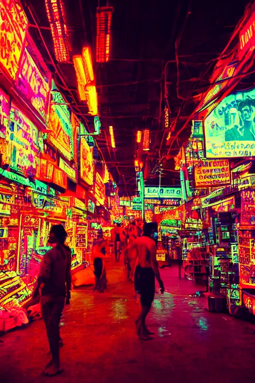 Image similar to cyberpunk black indian market, indoor, full of neon lights, crowded with cyborgs buying hi - tech drugs, photorealistic, 3 5 mm, grainy ruined film, dark color scheme, in the style of blade runner