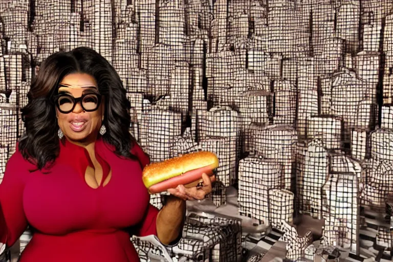 Prompt: oprah winfrey holding a hotdog, surrounded by homeless people, cardboard city, hyper realistic, 8 k, ethereal details, high resolution, cinematic lighting