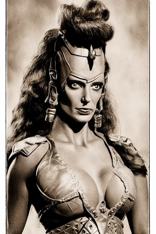 Image similar to teela from masters of the universe, portrait, full body, symmetrical features, silver iodide, 1 8 8 0 photograph, sepia tone, aged paper, sergio leone, master prime lenses, cinematic