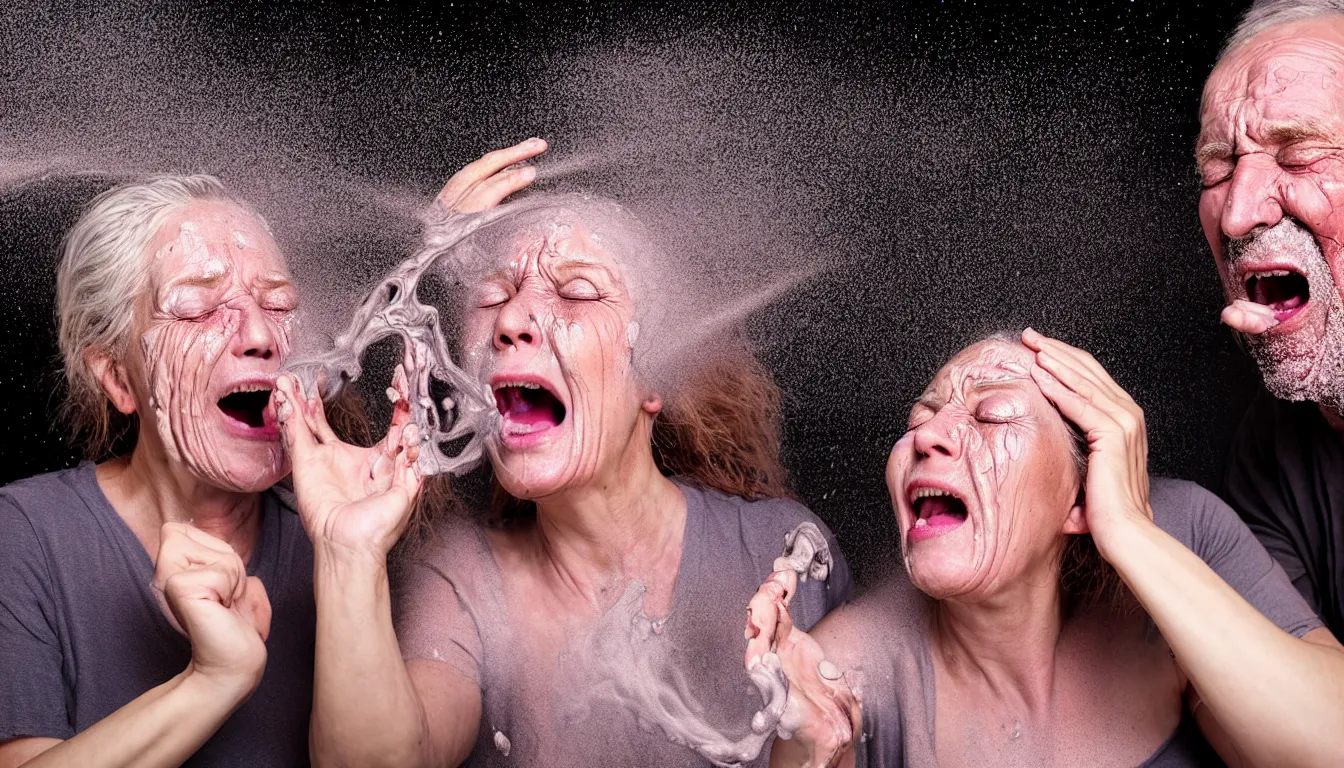 Image similar to o hyper realistic photo of a weathered old man with a beautiful woman's screaming face, feedback loop, burst of powders, spraying liquid, volumetric lighting, twisting vapour, bellowing dust, emerging hands, full colour, upscale, 4 k