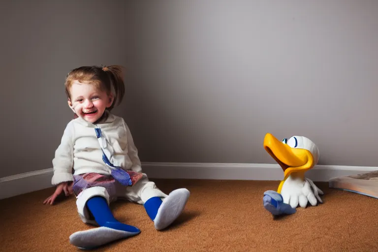 Image similar to donald duck hide in dark corner of messy room, smiling, warm low light, werid core