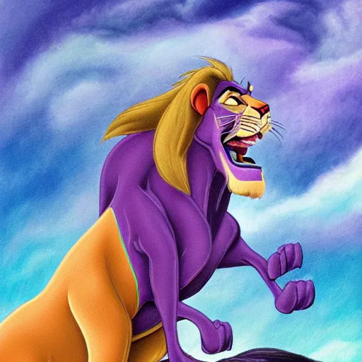 Prompt: super - detailed disney's lion king riding a purple dragon in a storm, ultrarealistic, highly detailed, soft colors