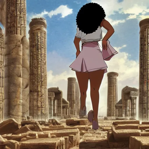 Prompt: a anime still of a black woman exploring ancient egypt ruins,madhouse