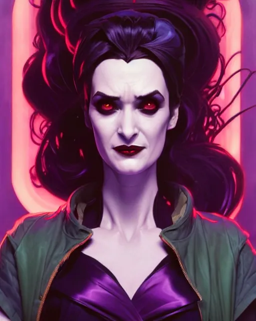 Image similar to winona ryder as scream queen, supervillain, villainess, comic cover painting, masterpiece artstation. 8 k, sharp high quality artwork in style of wayne reynolds, alphonse mucha, greg rutkowski, and don bluth, concept art by jack kirby, blizzard warcraft artwork, hearthstone card game artwork