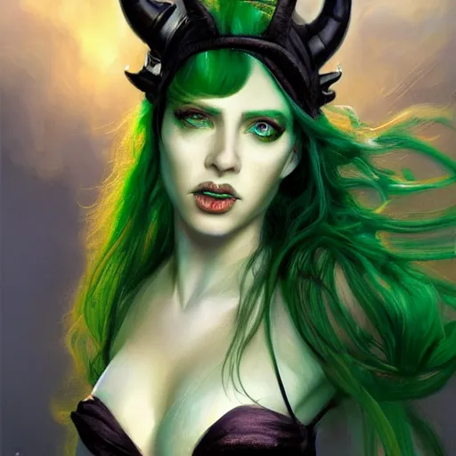 Prompt: A Beautiful Professional Model with Green hair and Yellow eyes and demon horns, fashionable clothes, detailed, looking seductively at the camera, centered, digital painting, artstation, concept art, donato giancola, Joseph Christian Leyendecker, WLOP, Boris Vallejo, Breathtaking, 8k resolution, extremely detailed, beautiful, establishing shot, artistic, hyperrealistic, beautiful face, octane render, cinematic lighting, dramatic lighting, masterpiece