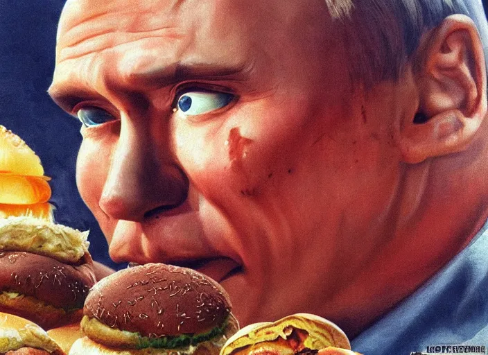 Image similar to face of a putin jammed between hamburger buns, leaking with puss, 4k, trending on artstation, Frank Frazetta, Norman Saunders