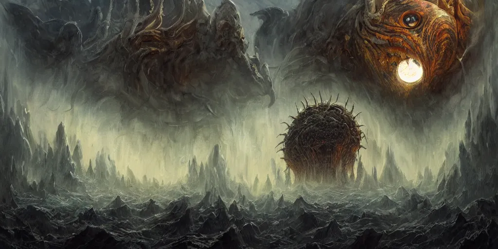 Prompt: concept art of giant alien kaiju, lovecraftian, renaissance, roaring, melting horror, round moon, rich clouds, fighting the horrors of the unknown, mirrors, very detailed, volumetric light, mist, grim, fine art, decaying, textured oil over canvas, epic fantasy art, very colorful, ornate scales, anato finnstark