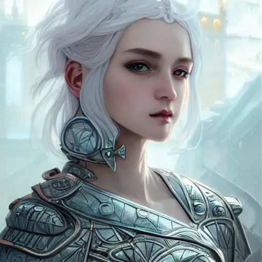 Image similar to portrait white hair knights of Zodiac girl, Sliver ice color reflected armor, in ruined Agora of Athens Sunrise, ssci-fi and fantasy, intricate and very very beautiful and elegant, highly detailed, digital painting, artstation, concept art, smooth and sharp focus, illustration, art by tian zi and WLOP and alphonse mucha