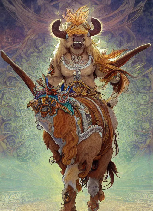 Image similar to a tauren of tranquility, hyper detailed, character concept, full body, dynamic pose, intricate, lineart, cerpuscular rays, by yoshitake amano, alfons mucha, 8 k, unreal